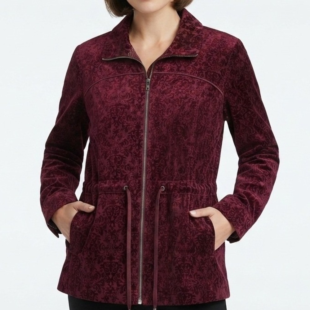 Christopher & Banks Flocked Damask Jacket WomenS XL Burgundy Zip Up
